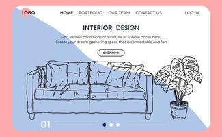 Landing Page Design Zimmer Innenskizze. handgezeichnetes Sofa und Möbel vektor