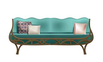 Vintage-Sofa mit türkisfarbenen Kissen und Holzgeflecht. isoliertes Objekt auf weißem Hintergrund. orientalischer Stil. vektor