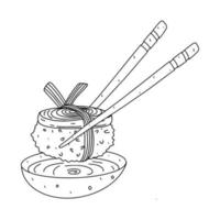 Sushi mit Omelett und Essstäbchen im handgezeichneten Doodle-Stil. Vektor-Illustration isoliert auf weißem Hintergrund. asiatisches Essen. vektor