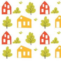 kindliches Muster mit niedlichen Häusern und Bäumen. Kinder drucken mit einer Stadt. Vektorillustration im Cartoon-Stil. flacher Stil. vektor