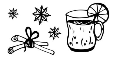 klotter vinter- varm dryck grogg, kopp, orange, vanilj och kanel. vektor illustration.