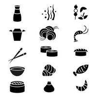 Reihe von Wok-Symbolen. schwarze silhouette für nudeln und rollen, sushi-asiatisches essen. Vektor-Illustration. vektor