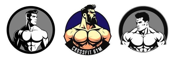 Gym kondition klubb logotyp design, kroppsbyggare, vektor illustration