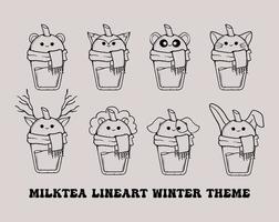 niedliches tierbaby milchtee lineart im winterthema mit schalvektorillustration vektor