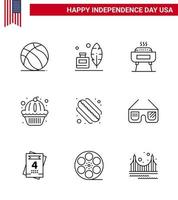 9 USA linje packa av oberoende dag tecken och symboler av varmkorv kaka grilla stater amerikan redigerbar USA dag vektor design element