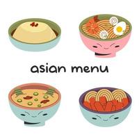 asiatisches menüset mit verschiedenen traditionellen gerichten kalter reiskuchen ramen miso suppe tteokbokki. Vektorgrafik auf Lager isoliert auf weißem Hintergrund. flacher Stil vektor