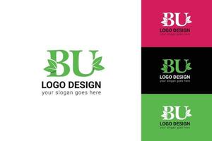 BU-Brief-Öko-Logo mit Blatt. vektorschrift für naturplakate, umweltfreundliches emblem, vegane identität, kräuter- und botanische karten usw. ökologie-bu-buchstabenlogo mit grünem blatt. vektor