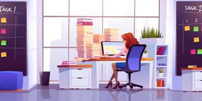 Frau arbeitet im Büro und sitzt am Schreibtisch mit Computer vektor