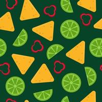 Hintergrund mit Nacho, Limettenscheibe und Chili auf Grün - nahtloses Muster. mexikanischer Snack. muster für verpackung, textil, design vektor