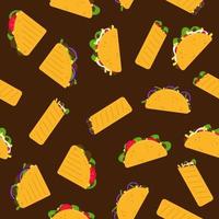 mexikanische Nahrung. Tacos, Quesadillas und Burritos - nahtloses Muster auf braunem Hintergrund. mexikanischer Snack. muster für verpackung, textil, design vektor