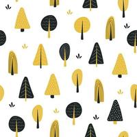 vektornahtloses muster mit handgezeichnetem gekritzelbaumwald für geschenkboxverpackungen, textilien. schwarz, gold, weiße farben. vektor