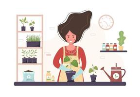 plantering på Hem. tecknad serie kvinna återplantering plantor i orangeri. trädgårdsarbete hobby. vektor illustration i platt stil. inhemsk växter barnkammare och vård begrepp