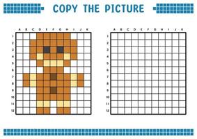 Kopieren Sie das Bild, vervollständigen Sie das Rasterbild. pädagogische arbeitsblätter zeichnen mit quadraten, farbflächen. Aktivitäten für Kinder im Vorschulalter. Cartoon-Vektor, Pixelkunst. Illustration des Lebkuchensymbols. vektor