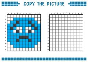 Kopieren Sie das Bild, vervollständigen Sie das Rasterbild. pädagogische arbeitsblätter zeichnen mit quadraten, farbflächen. Aktivitäten für Kinder im Vorschulalter. Cartoon-Vektor, Pixelkunst. traurige gesichtsausdruckillustration. vektor