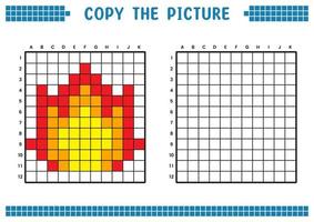 Kopieren Sie das Bild, vervollständigen Sie das Rasterbild. pädagogische arbeitsblätter zeichnen mit quadraten, farbflächen. Aktivitäten für Kinder im Vorschulalter. Cartoon-Vektor, Pixelkunst. Abbildung des brennenden Feuersymbols. vektor