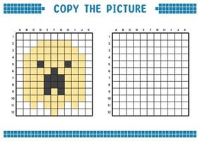 Kopieren Sie das Bild, vervollständigen Sie das Rasterbild. pädagogische arbeitsblätter zeichnen mit quadraten, färben von zellbereichen. Aktivitäten für Kinder im Vorschulalter. Cartoon-Vektor, Pixelkunst. Illustration eines Geistersymbols. vektor