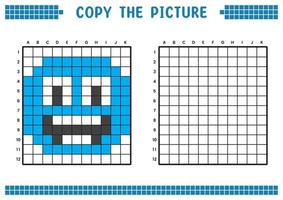 Kopieren Sie das Bild, vervollständigen Sie das Rasterbild. pädagogische arbeitsblätter zeichnen mit quadraten, farbflächen. Aktivitäten für Kinder im Vorschulalter. Cartoon-Vektor, Pixelkunst. Illustration des glücklichen Ausdrucks. vektor