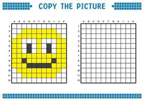 Kopieren Sie das Bild, vervollständigen Sie das Rasterbild. pädagogische arbeitsblätter zeichnen mit quadraten, färben von zellbereichen. Aktivitäten für Kinder im Vorschulalter. Cartoon-Vektor, Pixelkunst. Illustration eines lächelnden Gesichts. vektor