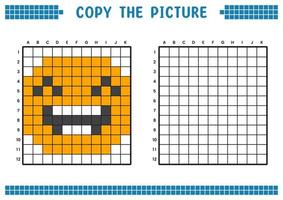 Kopieren Sie das Bild, vervollständigen Sie das Rasterbild. pädagogische arbeitsblätter zeichnen mit quadraten, färben von zellbereichen. Aktivitäten für Kinder im Vorschulalter. Cartoon-Vektor, Pixelkunst. Abbildung: lachendes Gesicht. vektor