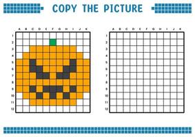 Kopieren Sie das Bild, vervollständigen Sie das Rasterbild. pädagogische arbeitsblätter zeichnen mit quadraten, färben von zellbereichen. Aktivitäten für Kinder im Vorschulalter. Cartoon-Vektor, Pixelkunst. Halloween-Kürbis-Illustration. vektor