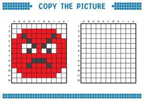 Kopieren Sie das Bild, vervollständigen Sie das Rasterbild. pädagogische arbeitsblätter zeichnen mit quadraten, färben von zellbereichen. Aktivitäten für Kinder im Vorschulalter. Cartoon-Vektor, Pixelkunst. Abbildung mit wütendem Gesicht. vektor