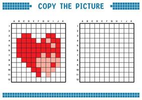 Kopieren Sie das Bild, vervollständigen Sie das Rasterbild. pädagogische arbeitsblätter zeichnen und malen mit quadraten. Aktivitäten für Kinder im Vorschulalter. Cartoon-Vektor, Pixelkunst. Illustration eines Herz- oder Liebessymbols. vektor