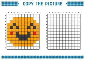 Kopieren Sie das Bild, vervollständigen Sie das Rasterbild. pädagogische arbeitsblätter zeichnen mit quadraten, farbflächen. Aktivitäten für Kinder im Vorschulalter. Cartoon-Vektor, Pixelkunst. glückliche lächelnde gesichtsillustration. vektor