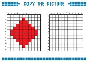 Kopieren Sie das Bild, vervollständigen Sie das Rasterbild. pädagogische arbeitsblätter zeichnen mit quadraten, farbflächen. Aktivitäten für Kinder im Vorschulalter. Cartoon-Vektor, Pixelkunst. Abbildungssymbol der roten Raute. vektor