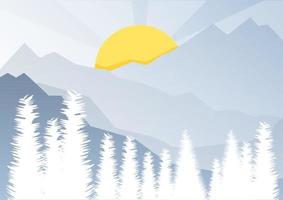 vinter- landskap bergen gran träd och Sol vektor