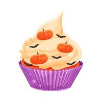 Heller süßer Halloween-Cupcake, Kürbisse und Fledermäuse, festlicher Cupcake vektor