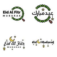 modern packa av 4 vektor illustrationer av hälsningar lyckönskningar för islamic festival eid al Adha eid al fitr gyllene måne lykta med skön skinande stjärnor