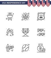 Packung mit 9 Feierlinien zum Unabhängigkeitstag der USA, Zeichen und Symbole zum 4. Juli, wie z vektor