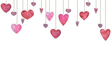 vattenfärg hand dragen sömlös baner av hängande röd och lila hjärtan för hjärtans dag. isolerat på vit bakgrund. design för papper, kärlek, hälsning kort, textil, skriva ut, tapet, bröllop vektor