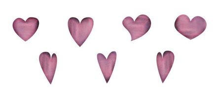 vattenfärg hand dragen uppsättning av objekt, texturerad lila hjärtan för hjärtans dag. isolerat på vit bakgrund. design för papper, kärlek, hälsning kort, textil, skriva ut, tapet, bröllop vektor