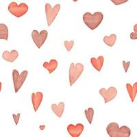 aquarell handgezeichnetes nahtloses muster aus roten, rosa und beige herzen zum valentinstag. isoliert auf weißem Hintergrund. design für papier, liebe, grußkarten, textilien, druck, tapeten, hochzeit vektor