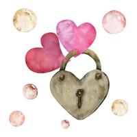 vattenfärg hand dragen sammansättning av röd och lila hjärtan, bubblor, låsa för hjärtans dag. isolerat på vit bakgrund. design för papper, kärlek, hälsning kort, textil, skriva ut, tapet, bröllop vektor