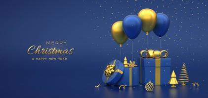 geschenkboxen mit goldener schleife, goldenen metallischen kiefern- oder tannenzapfenförmigen fichten, schneeflocke, ball, festlichen heliumballons, konfetti auf blauem hintergrund. frohe weihnachtskarte, banner. Vektor-Illustration. vektor