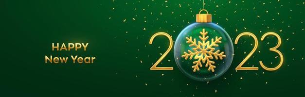 frohes neues jahr 2023. goldene metall-3d-zahlen 2023 mit goldglänzender 3d-schneeflocke in einer weihnachtsglaskugel. Grußkarte. feiertagsweihnachts- und neujahrsplakat, banner, flyer. Vektor-Illustration. vektor