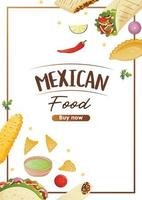 mexikanischer lebensmittelflyer a4 mit tacos, burritos, tamales, quesadilla, empanadas, elotes und nachos. banner gesunde ernährung, kochen, menü, lebensmittelkonzept. vektor