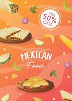 mexikansk mat flygblad a4 med tacos, burritos, tamales, quesadilla, empanadas, elotes och nachos. baner friska mat, matlagning, meny, mat begrepp. vektor