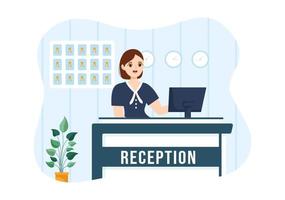 hotell reception interiör med receptionist människor och resenärer för bokning i platt tecknad serie hand dragen mall illustration vektor