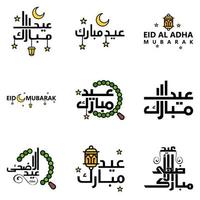 uppsättning av 9 vektorer eid mubarak Lycklig eid för du i arabicum kalligrafi stil lockigt manus med stjärnor lampa måne