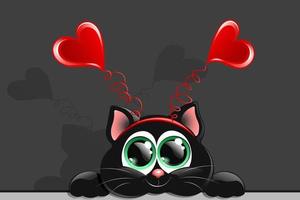 ljuv svart katt med hår band och hjärtan på Det. hjärtans dag vektor