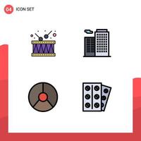 Stock Vector Icon Pack mit 4 Zeilenzeichen und Symbolen für Drum Finance Music House Pie editierbare Vektordesign-Elemente