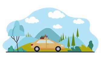 Familienausflug mit dem Auto vor dem Hintergrund einer wunderschönen Berglandschaft. Vektorillustration eines flachen Designs vektor