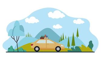 familj resa reser förbi bil på de bakgrund av en skön berg landskap. vektor illustration av en platt design