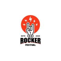 sten musik fest logotyp med rocker eller metall hand gest, emblem för sten festival, fest, musikalisk prestanda design vektor
