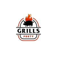 grill grilleinladung party grill grill mit schwein schweinefleisch auf feuer flamme logo design vintage hispter vektor