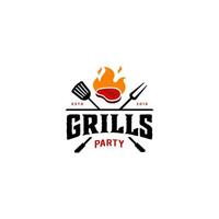 grill grilleinladung party grill grill mit schwein schweinefleisch auf feuer flamme logo design vintage hispter vektor