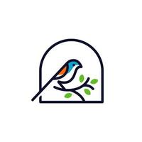Linienstil-Logo mit einem Vogel auf einem Ast. Vogel-Logo-Vektorsymbol-Vorlage Monoline-Farblinie Kunstumriss vektor